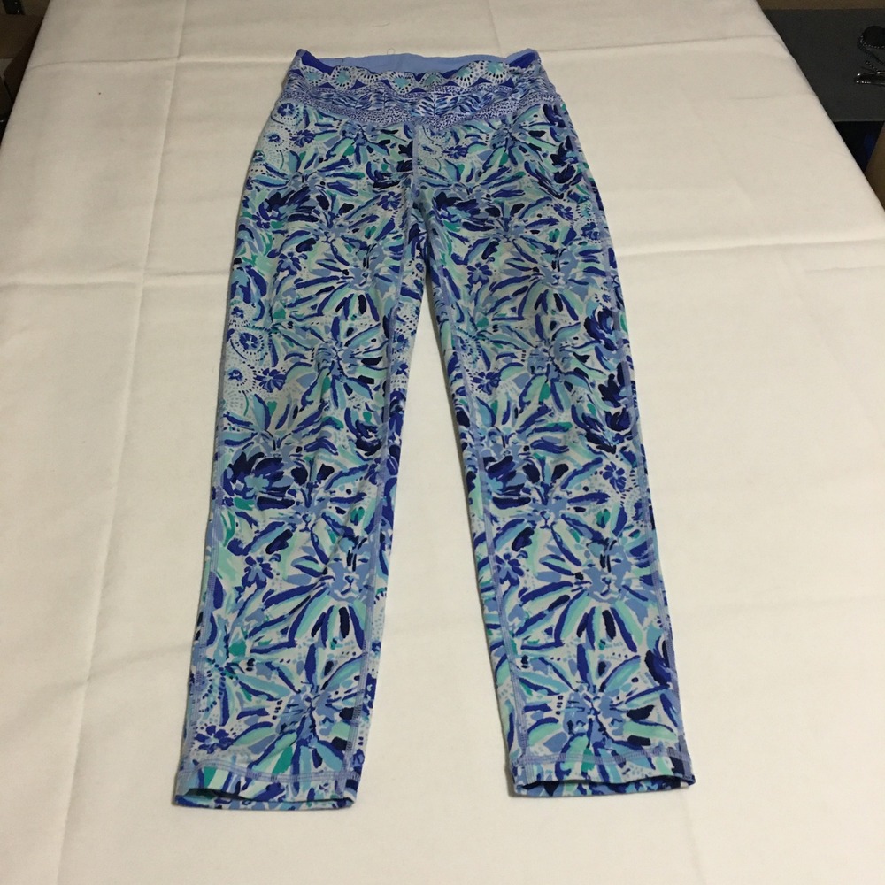Lilly Pulitzer Luxletic Leggings Women Small Blue Floral Print High Rise Cropped